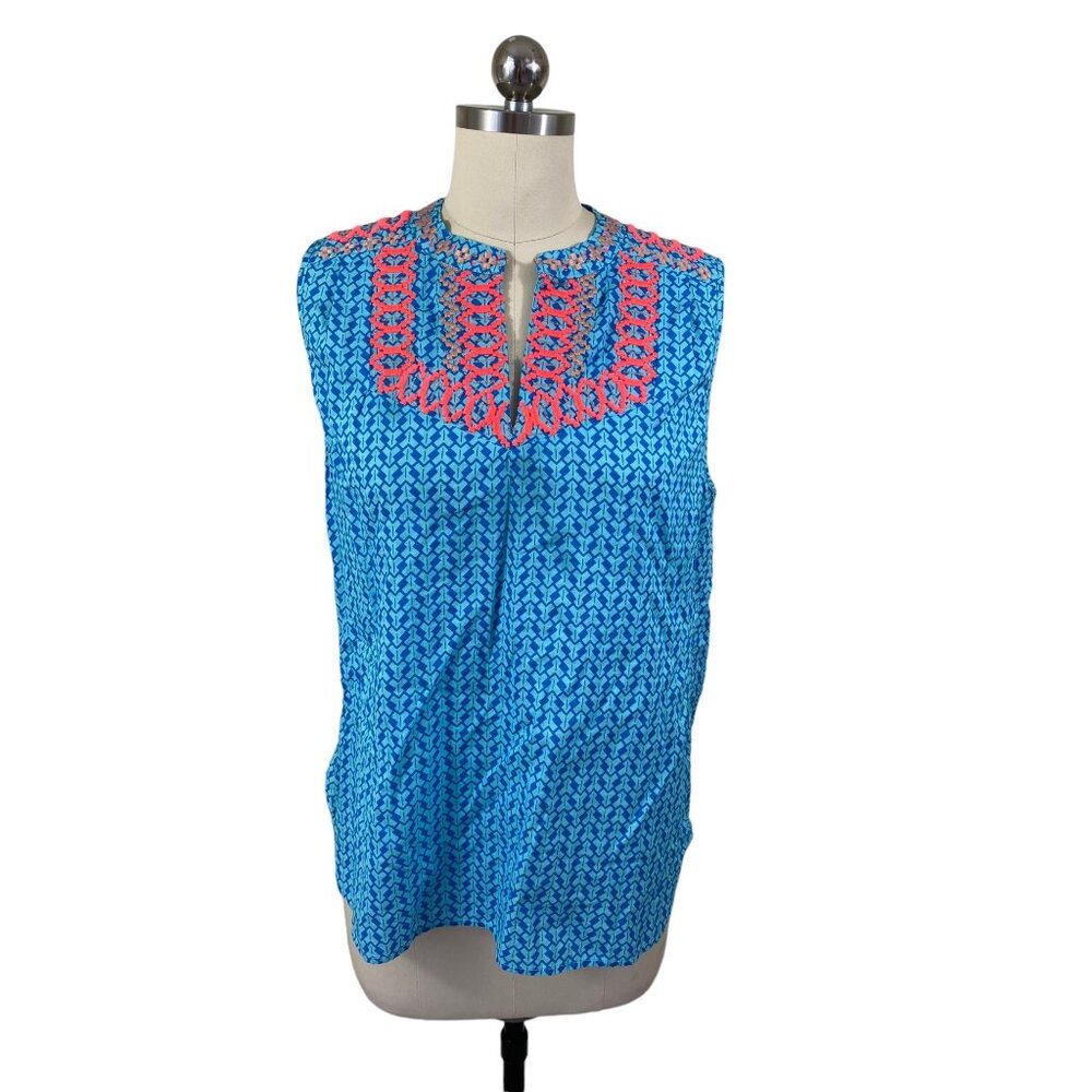 J.Crew Top Womens 12 Blue Neon Orange Embroidered Sleeveless Boho Aztec